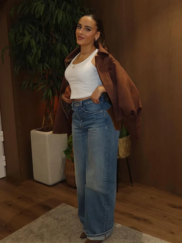 HH Women's Spring New Fashion Loose Long Pants Denim Blue High Waist Pockets Button Zipper Trousers Female High Street Jeans