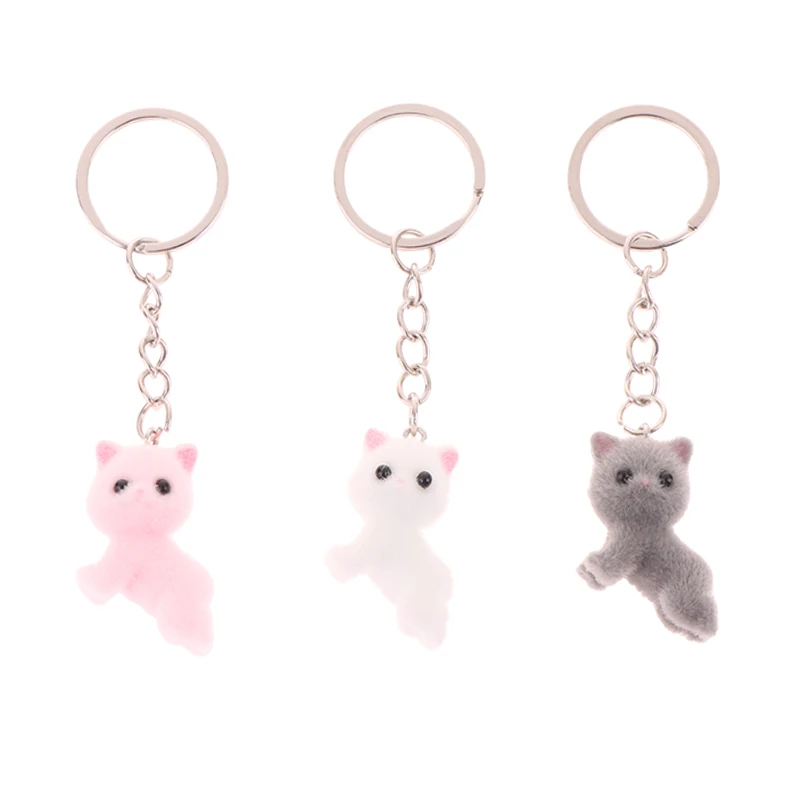 1Pc Cartoon 3D Flocking Lying Cat Keychain Animal Keyring Pendant DIY Backpack Charms Car Bag Decor Toy Gifts