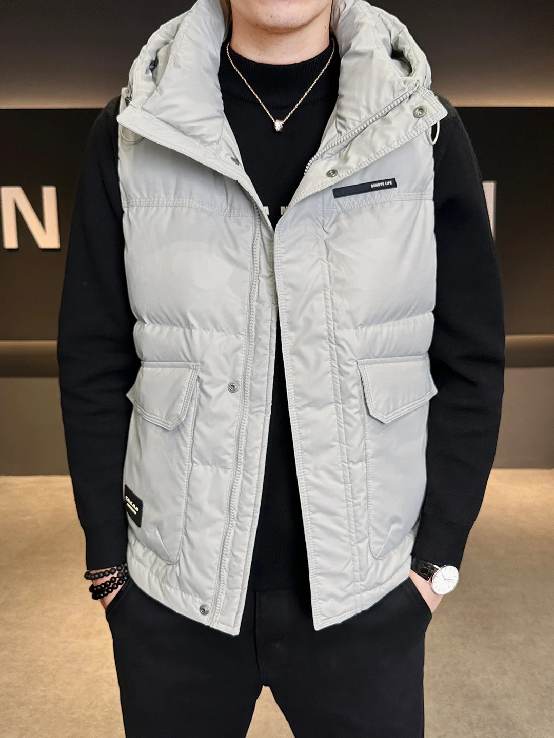 

Faionable Hooded ort down Vest Men's Svel Outerwear Trendy oulder Pad Polyester Fiber Urban Sle Thiened Zipper