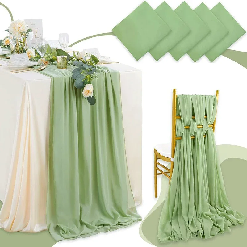 5 Pack Light Green Chiffon Table Runners Boho Rustic Sheer Fabric for Wedding Party Christmas Bridal Shower Birthday Decorations