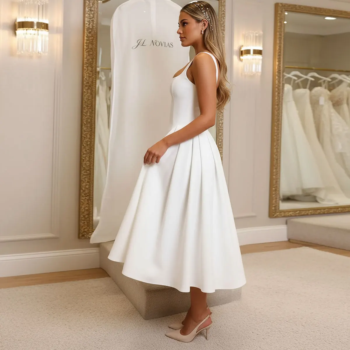 エレガントなミディ丈サテンウェディングドレス 花嫁用 プリーツスクエアカラー ブライダルパーティガウン 女性用 Aラインボールガウン