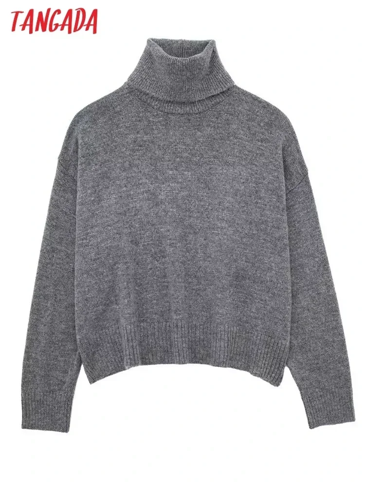 Tangada 2023 Winter Women Gray Oversized Turtleneck Sweaters Long Sleeve Female Jumper 3H239