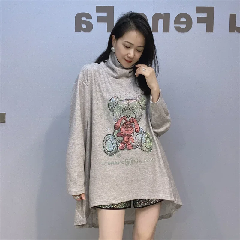 All-match Oversize Women Pullover Top Stand Collar Mid-long Irregular Long Sleeve T-shirt Thick Sanding Hot Drilling Casual Tees