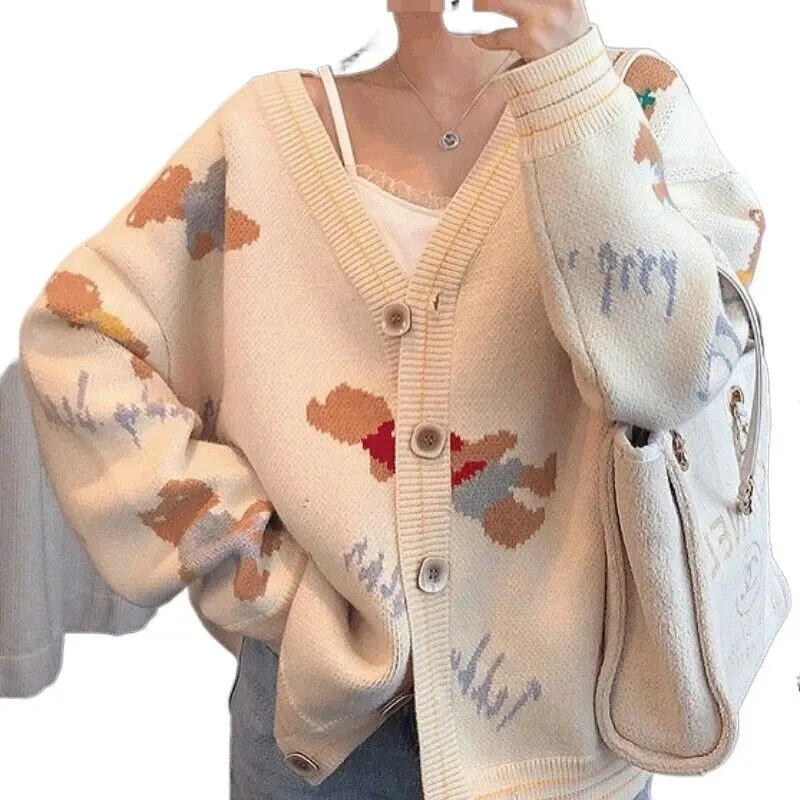 

Korean Bear Print Woman Knitted Coat V-neck Button Loose Letter Lady Sweater Autumn Casual Preppy Style Female Clothes