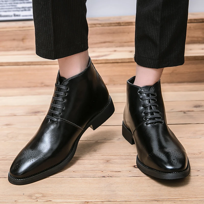 Men Perforated Detail Lace-up Front Dress Boots, Business Office Dress Shoes