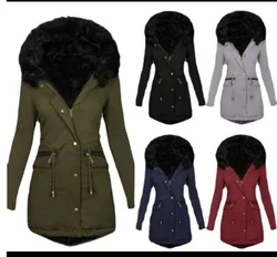 New Slim Fit and Slim Womens Jacket Solid Color Wool Collar Hooded Mid Length Warm Zipper Cotton Coat for Women