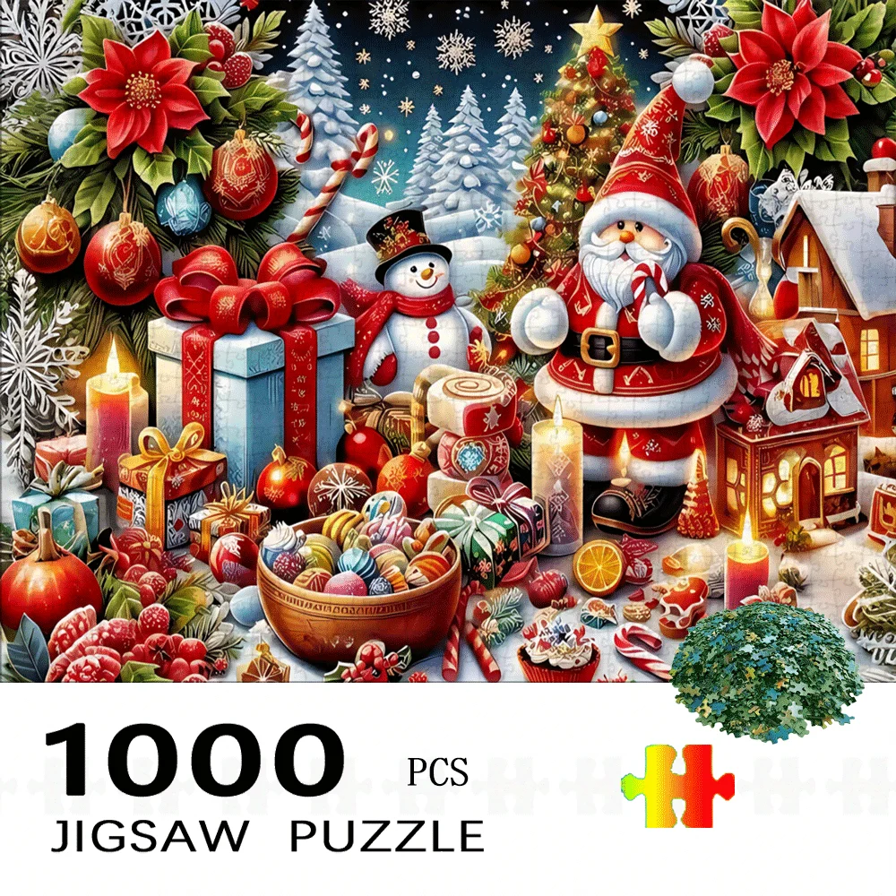 ปริศนา 1,000 ชิ้น ลายซานตาคลอสและตุ๊กตาหิมะในฉากคริสต์มาส พร้อมหมู่บ้านฤดูหนาว ของขวัญ และเกล็ดหิมะ - สนุกสุดๆ