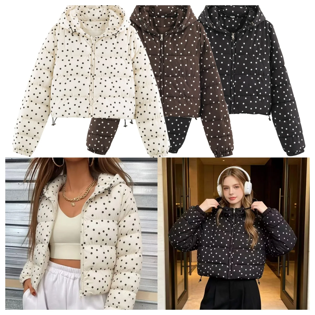 Guobioziy Women's Polka Dot Cute Short Cotton Jacket 2026 Winter Student Style Hooded Long Sleeve New Warm Casual Short Coat