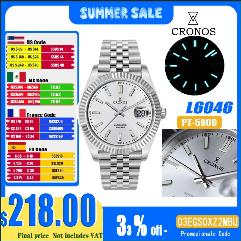 Cronos DateJ Luxury Men Watch Stainless Steel 5 Links Bracelet PT5000 Miyota 9015 100m Water Resistant Sapphire L6046M