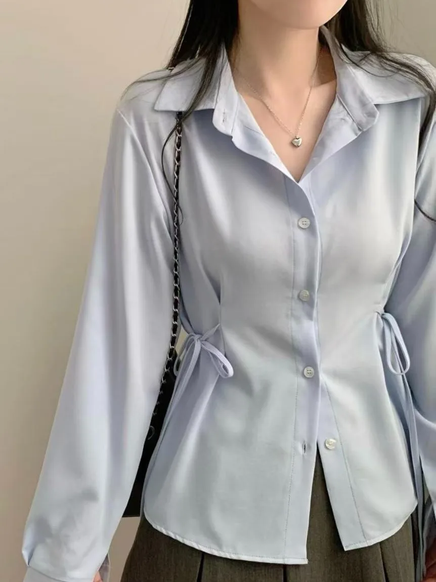 Camisa de manga larga adelgazante para mujer, diseño elegante de primavera, cintura con cinturón, cuello vuelto con un solo botón, estilo francés