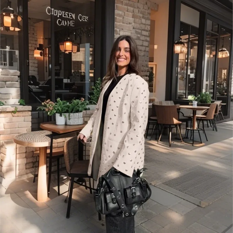 エレガントなブレザーコート女性オフィスレディファッション V ネックポケットオーバーサイズスーツジャケット 2025 春の新作シックなカジュアルルーズアウター