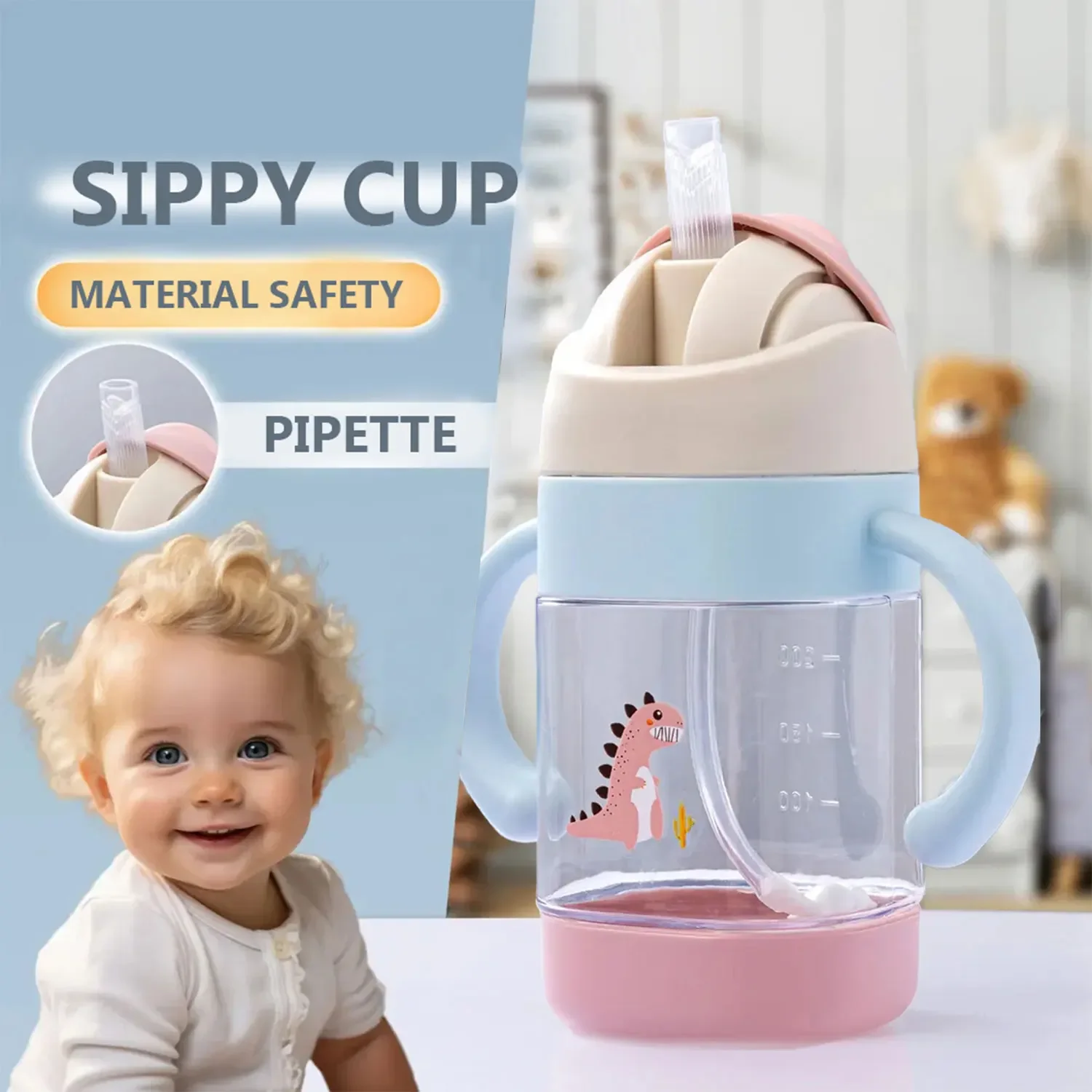 

300ml cartoon dinosaur straw water cup, children's baby bottle, with handle, birthday gift, pp material, portable