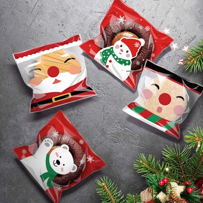 100pcs 10x10cm Merry Christmas Candy Bags Santa Claus Cookie Gift Packing Self-Adhesive Plastic Bag For Xmas New Year Favor 2023