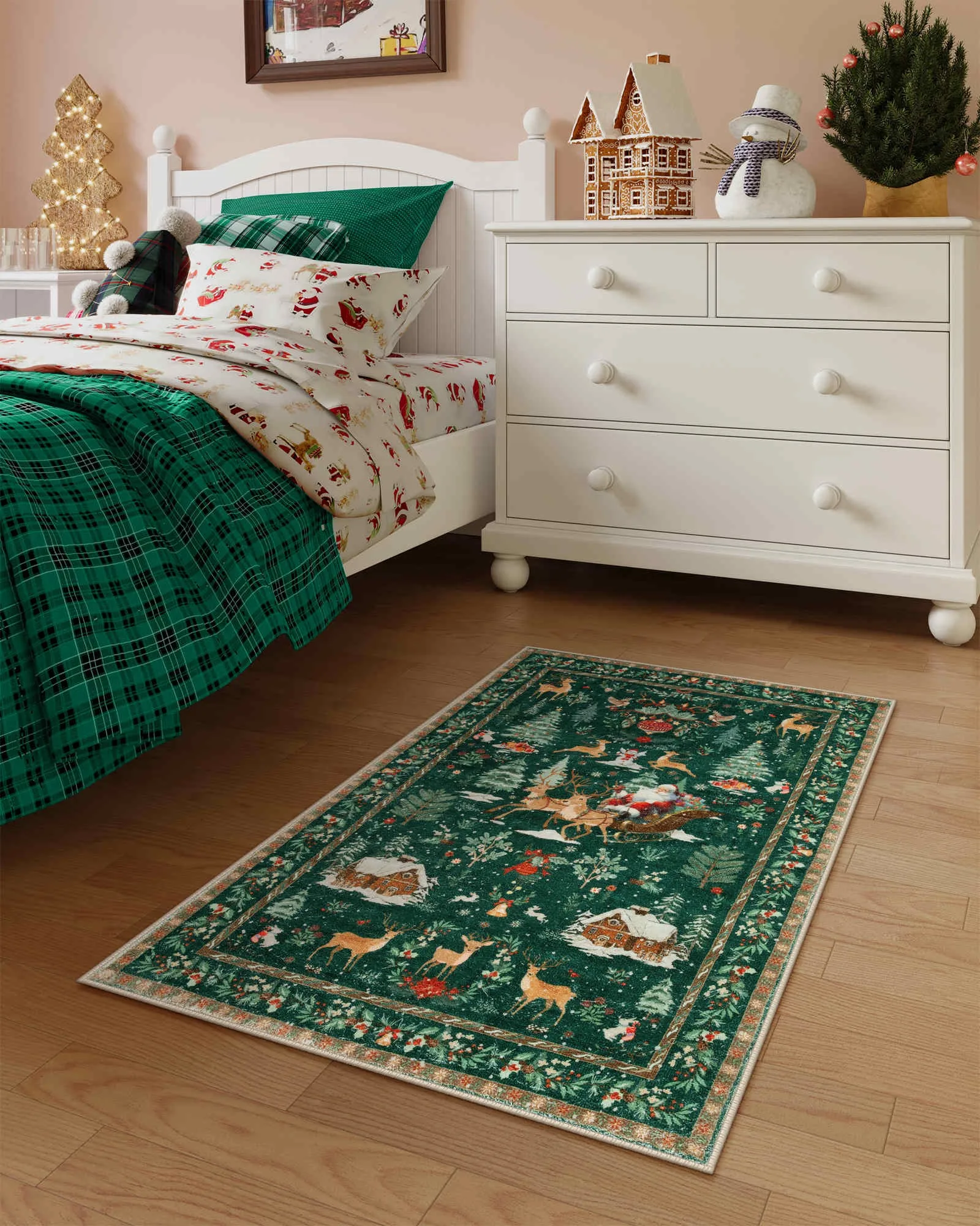 

Green Faux Cashmere Persian Living Room Vintage Christmas Tree Bedroom Bedside Rugs Hotel and Homestay Christmas Rugs