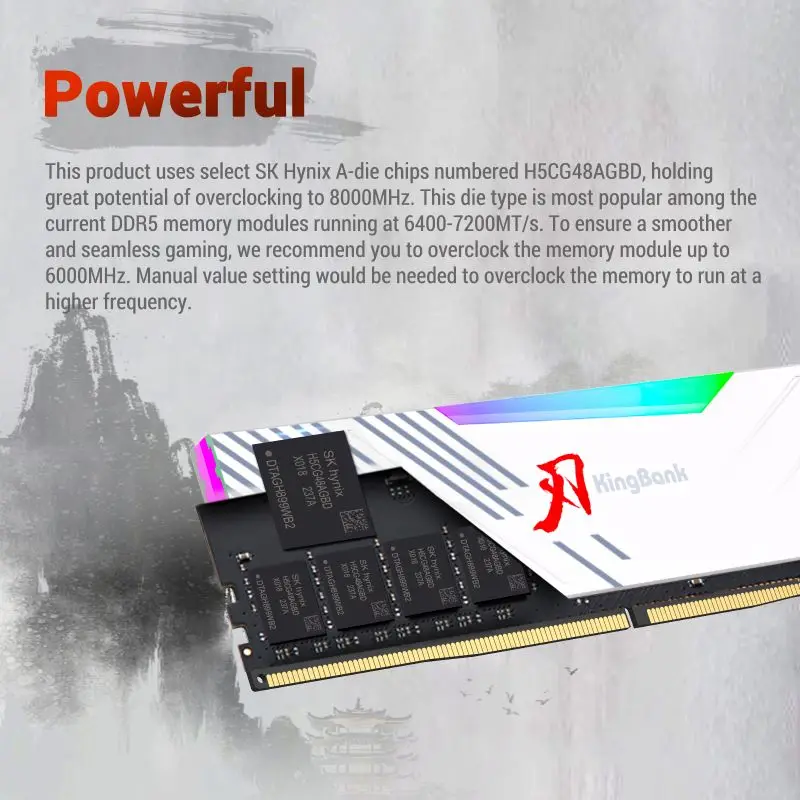 KingBank Hynix A die DDR5 RGB RAM Memory DDR5 RAM PC 16GBx2 32GB 32GBx2 64GB 6400 MHz 6400MHz RAM for Desktop White XMP 3.0