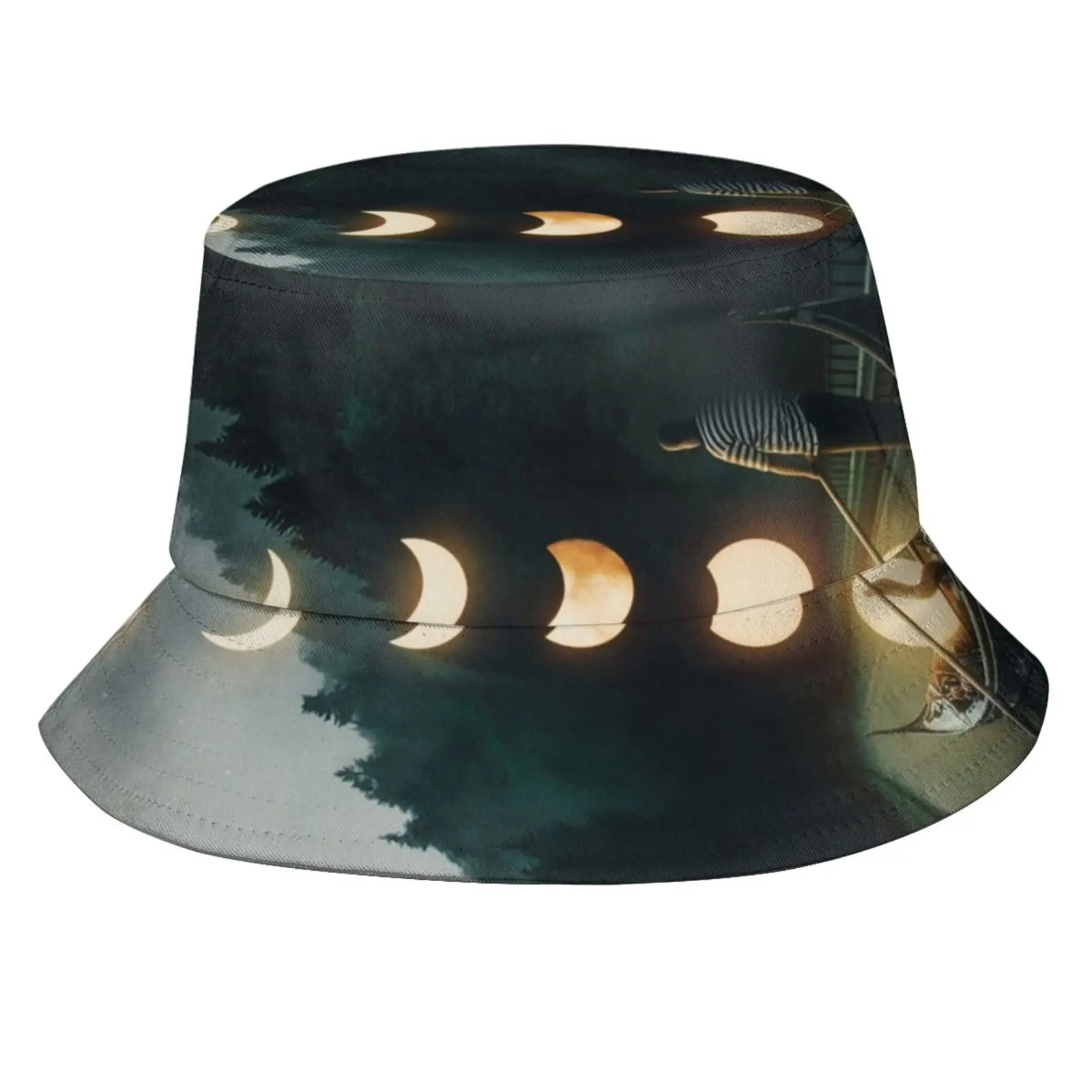 Moon Ride Sun Cap Fisherman Hat Bucket Hats Man Gondola Landscape Forest Stars Moon Light Surreal