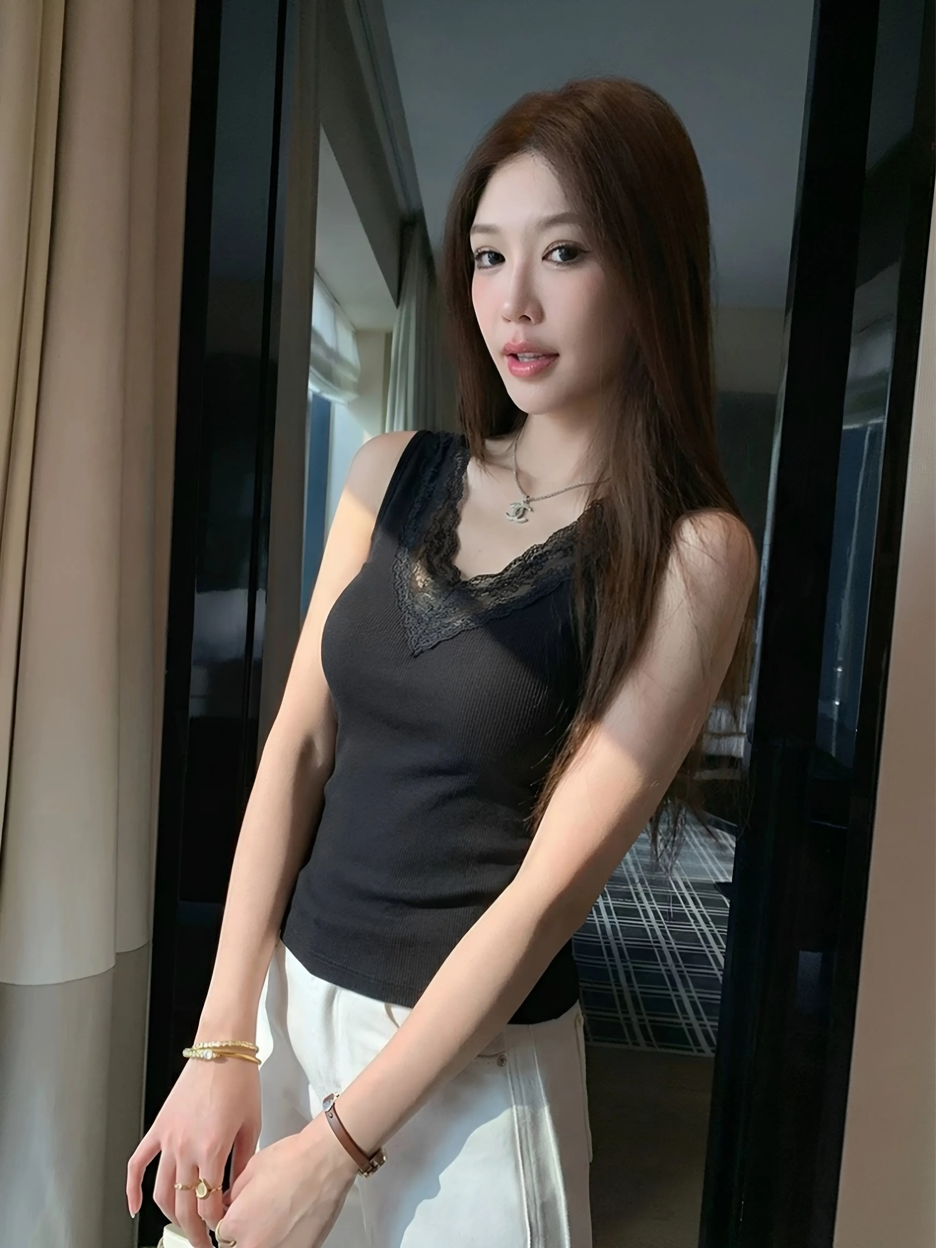 Women's Lace V-neck Strap Vest 95% Cotton Sleeveless Summer New Style plus Size Slim Fit Base Tank Top Inner Wear Outerwear
