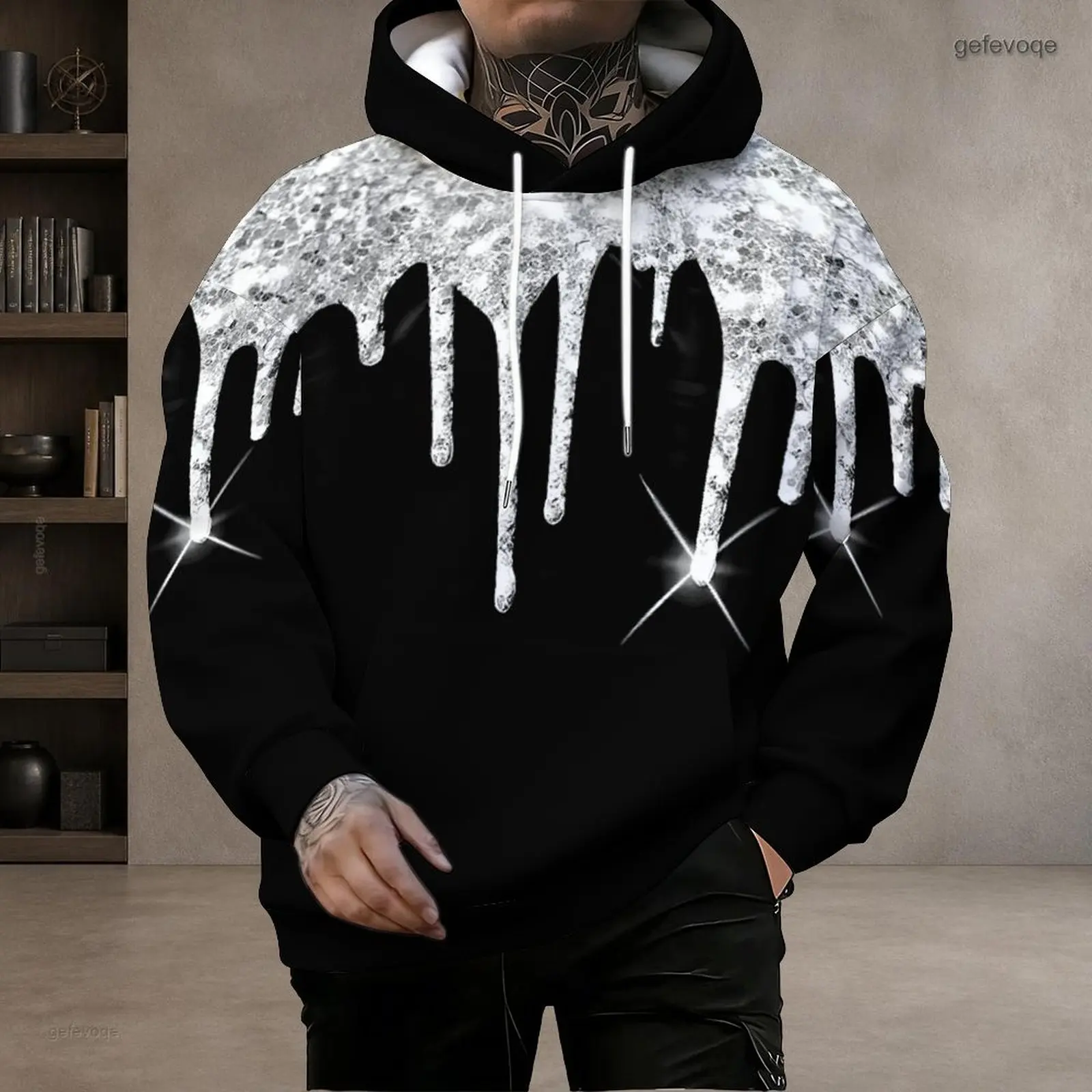 Men Black Silver Glitter Dripping Printed Long Sleeve Pullover Hoodie with Drawstring and Kangaroo Pocket