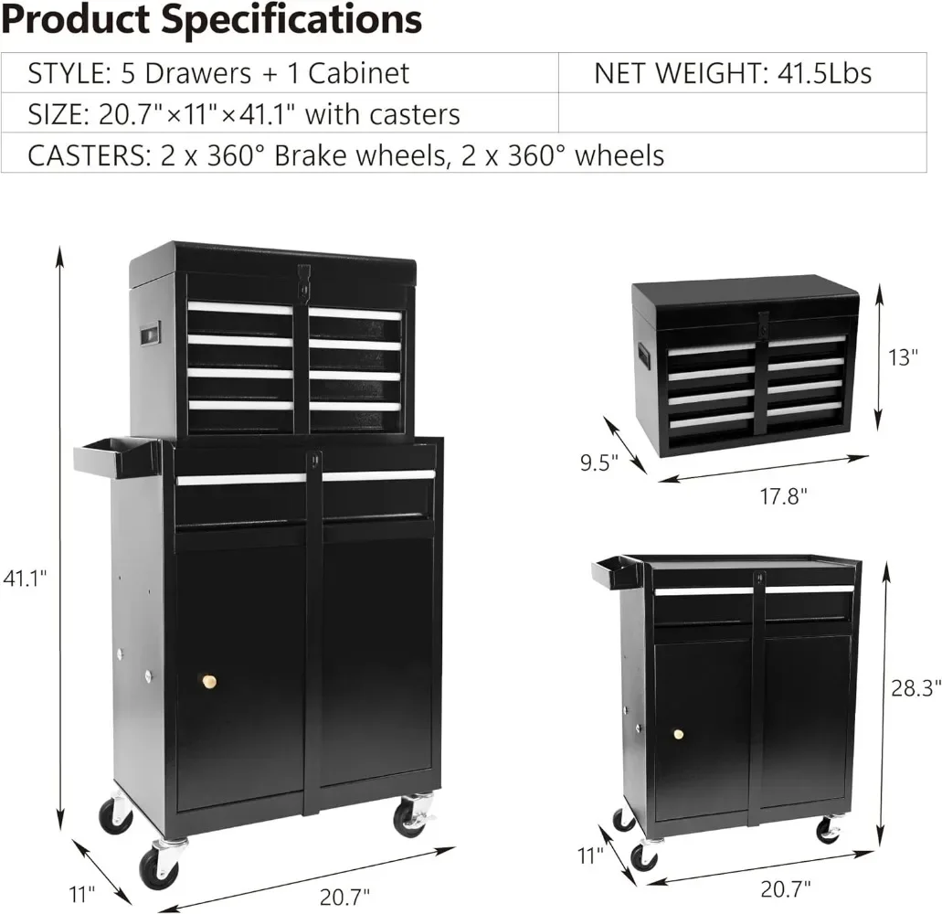 5-Drawer Rolling Tool Storage Cabinet W/ Detachable Top Tool Box Liner Universal Lockable Wheels, Adjustable Shelf