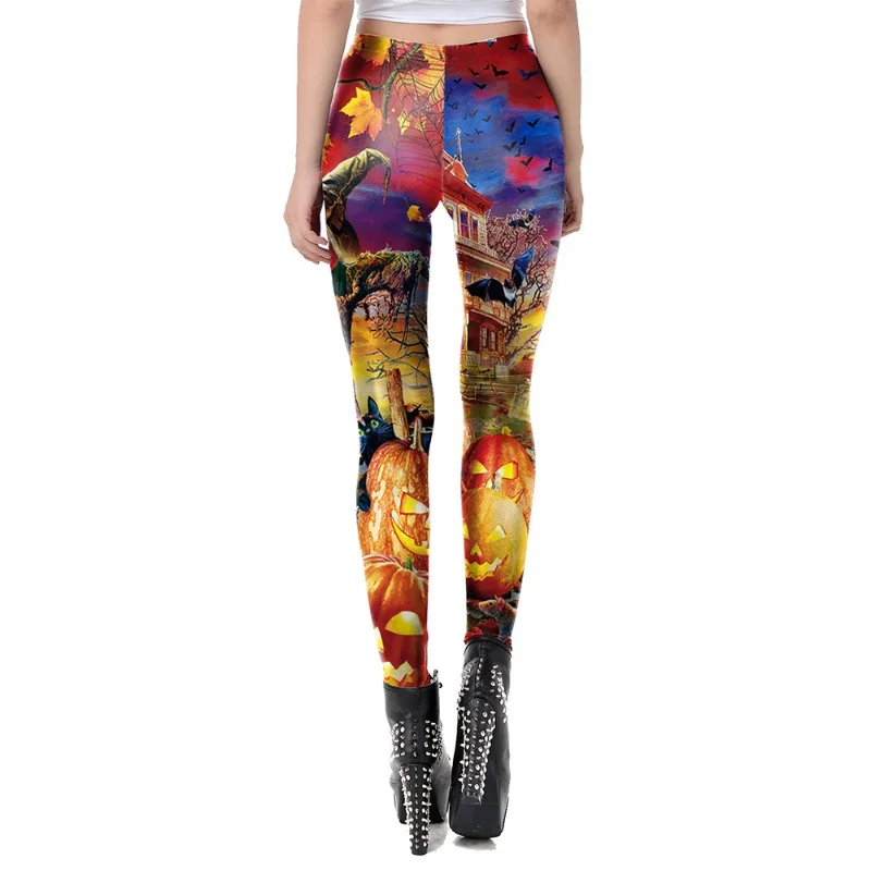 Women Halloween Witch Skull Pumpkin Print Leggings High Waist Stretchy Slim Pants Cosplay Party Costume Tights
