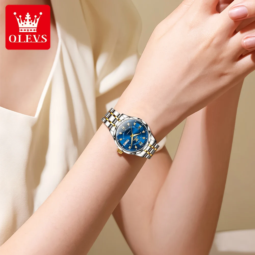 OLEVS 6727, женские часы, автоматические механические часы из нержавеющей стали, водонепроницаемые часы с календарем и неделей для женщин, роскошные элегантные новые