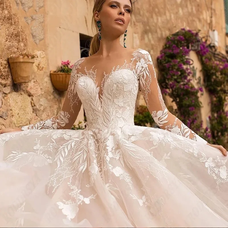 

Elegant A-Line Wedding Dresses Long Sleeve Lace Bridal Robes Button Illusion Back Vestido De Noiva Customize Robe