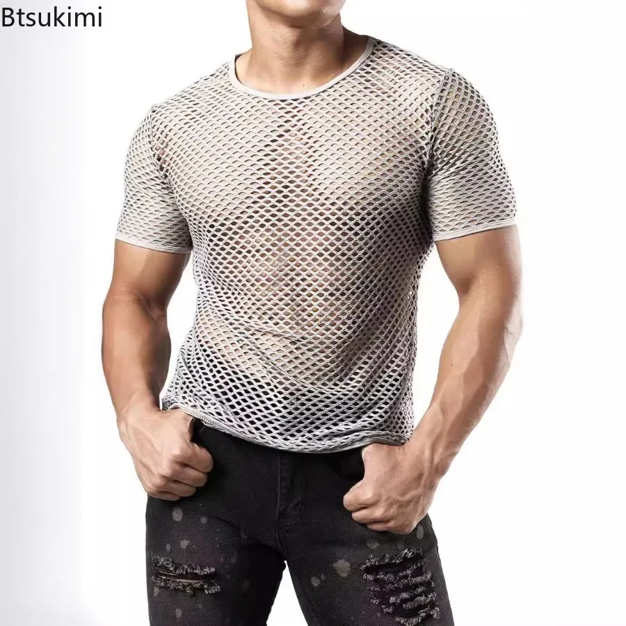 New 2025 Men's Sexy Mesh T-shirts Transparent Hollow Out Fishnet Short Sleeve O-neck Tops Men Sport Fitness Tees Nightclub Vest