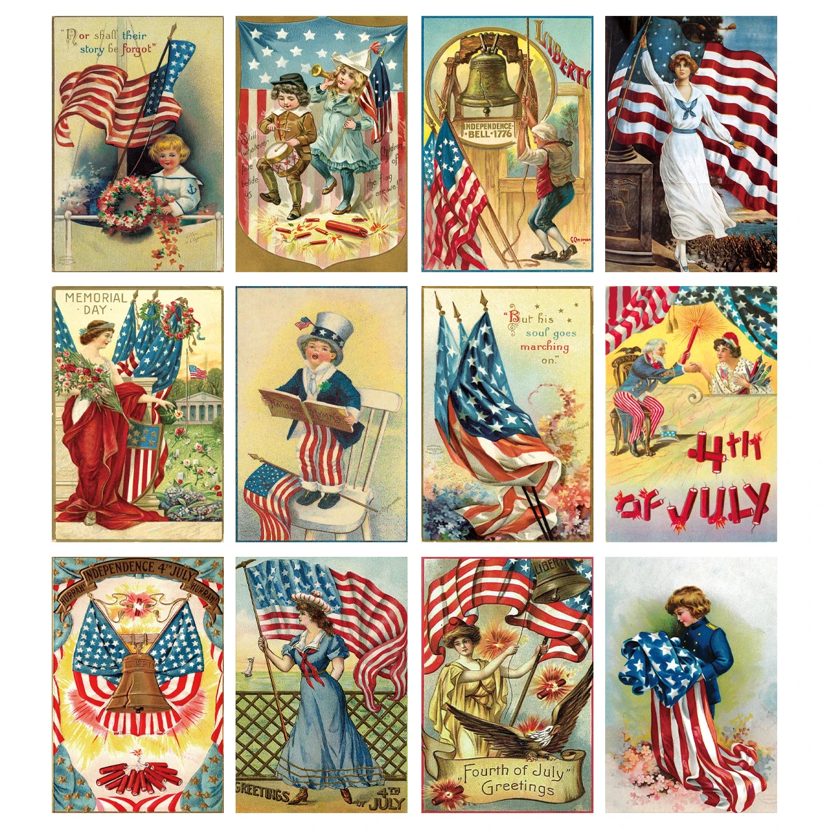 

12Sheets/Pack Vintage Patriotic Postcard,USA US Flag Signs Decoration Postcard for Home,Collection for Scrapbooking,Card Making