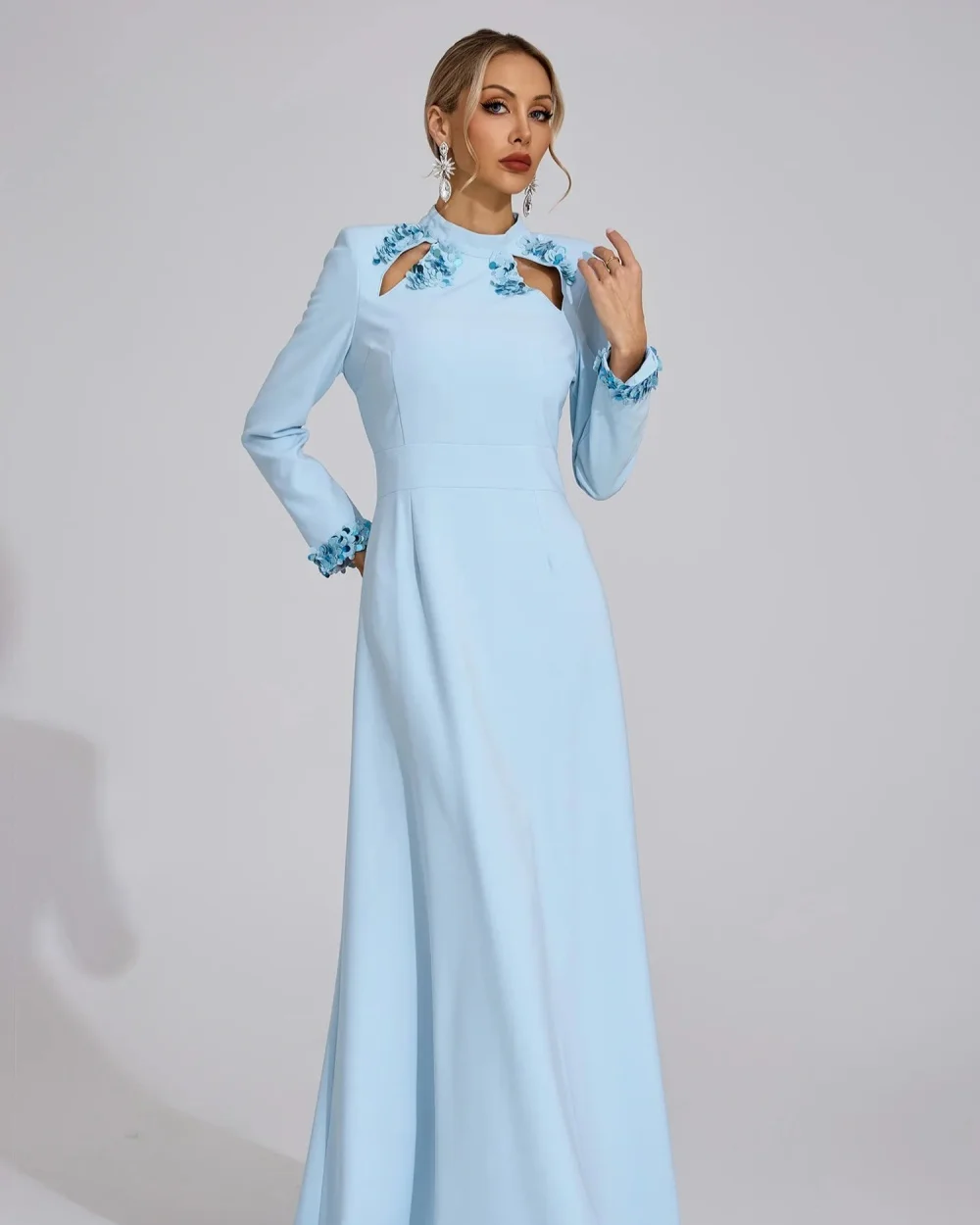 Customized High Quality Simple Jersey Sequined Handmade Flower Straight Prom Dresses High Collar Long Sleeves Evening Dresses