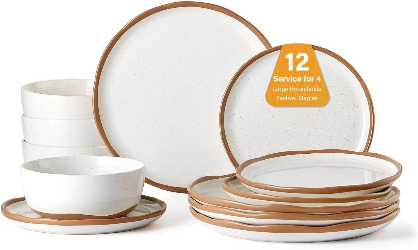 

12-Piece Farmhouse Ceramic Dinnerware Set, Scratch-Resistant & Dishwasher/Microwave Safe in Vanilla White