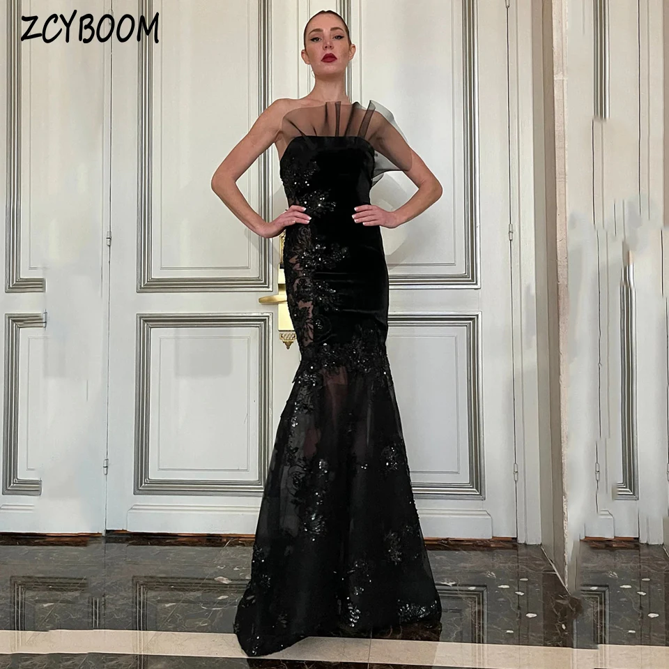 

Charming Strapless Lllusion Sequin Appliques Sleeveless Evening Dress 2025 Mermaid Floor Length Sweep Train Zipper Prom Dress