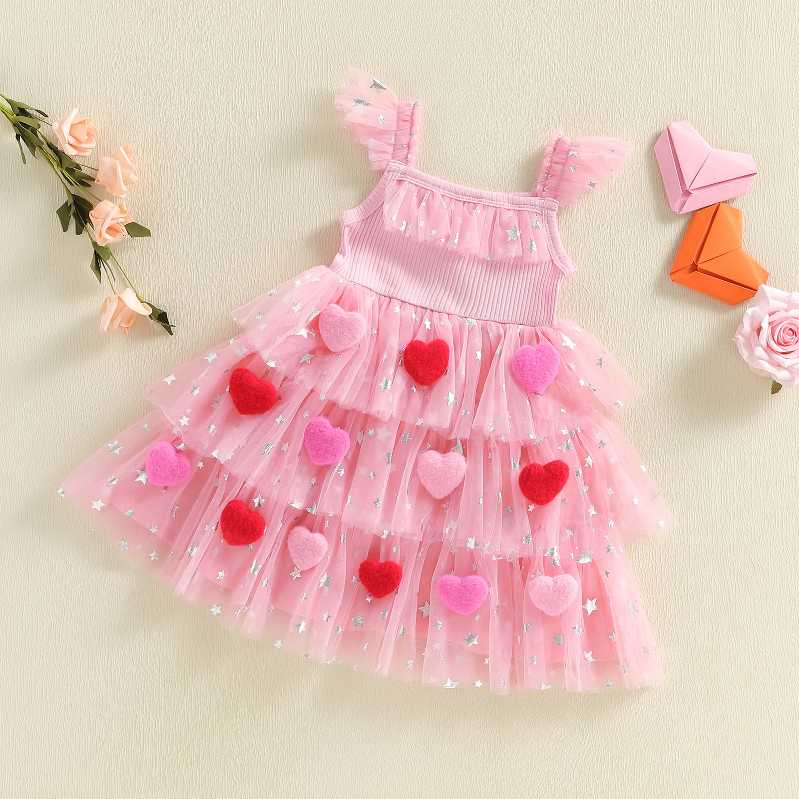 

Toddler Valentines Outfit Girl Pink Tutu Dress Shiny Stars Love Hearts Embroidery Flutter Sleeve Tulle Cake Princess Dress