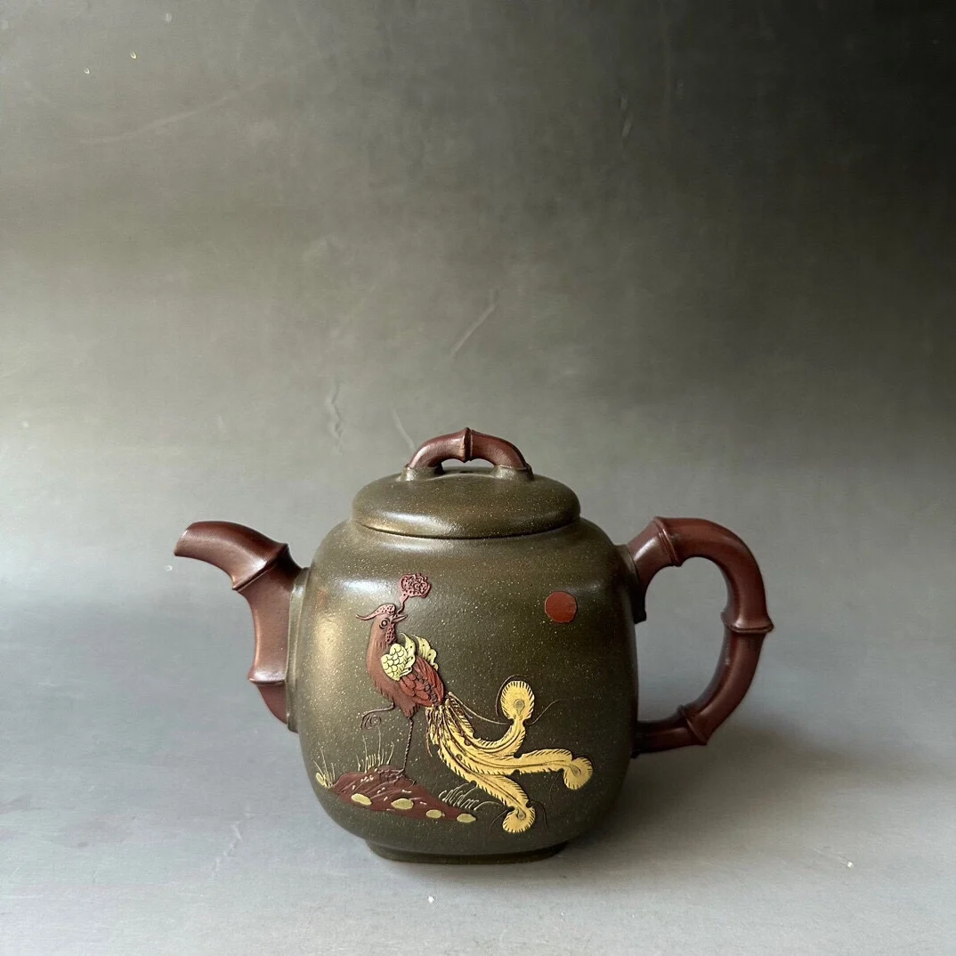 Old Chinese Handicraft Enameled YiXing Zisha Teapot,Phoenix facing the rising sun,with mark, Free shipping