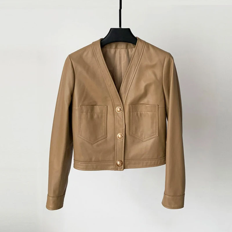 Giacche corte con scollo a V da donna in pelle di pecora al 100% 2025 Cappotti in vera pelle a maniche lunghe monopetto da donna a vita alta