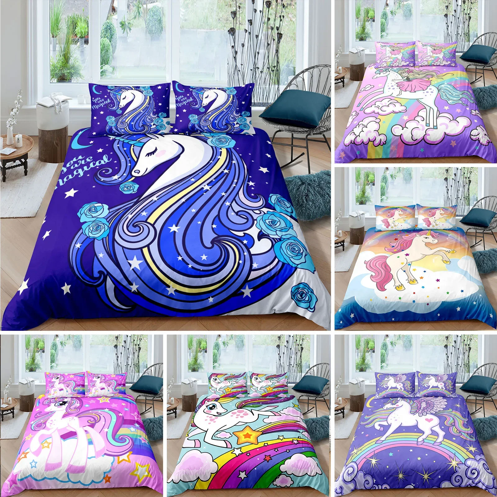 

3D Colorful Unicorn Duvet Cover with Pillow Cover Bedding Set Single Double Twin Full Queen King Size Bed Set for Bedroom Decor