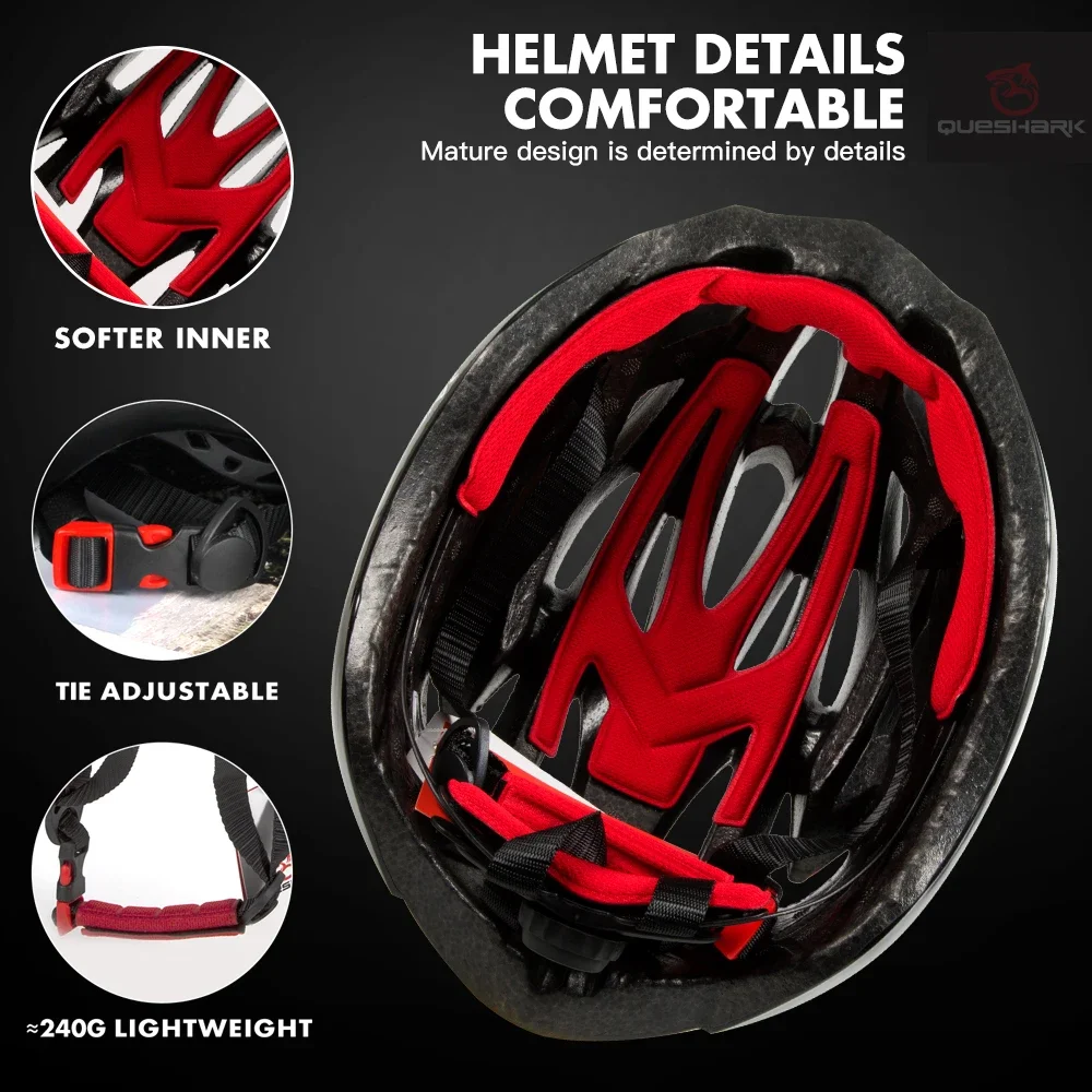 QUESHARK Men Women Ultralight Cycling Helmet Led Taillight MTB Road Bike Bicycle Motorcycle Riding Ventilated Safety Cap