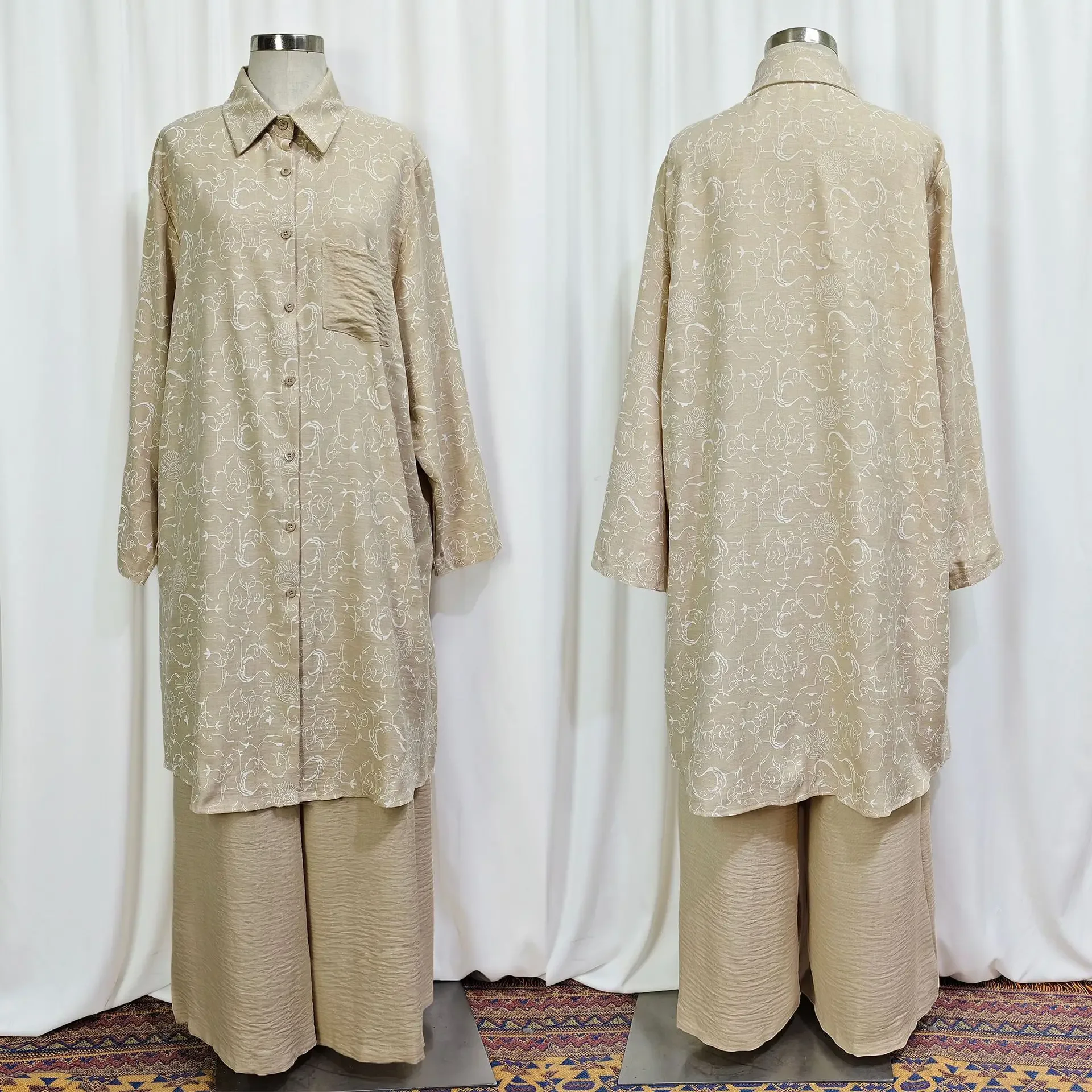 Eid Muslim Women Set Middle East Loose Long Tops and Wide-Leg Pants Femme Musulmane Ensembles Islam Clothing Print Outfits Suit