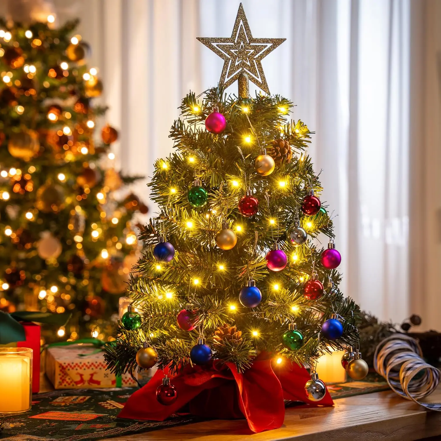 JOYFY 24 "/2FT Prelit Tafelblad Kerstboom met Warme Lichten Dennenappels voor Beste Vakantie Seizoen Kerstdecoratie