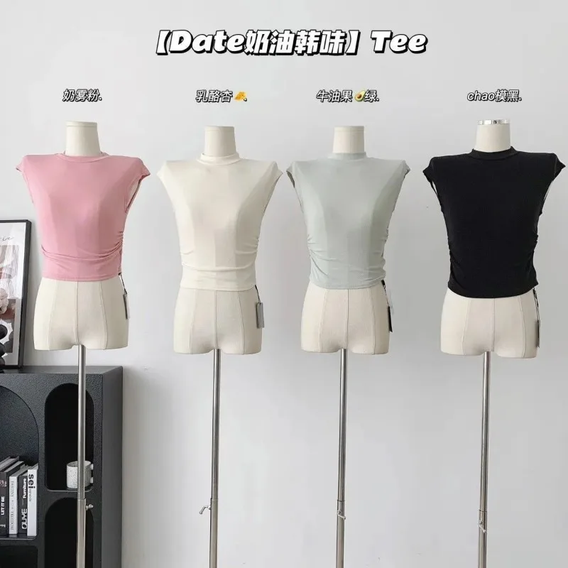 Popular Cream Korean Style Tee with Invincible City Love White High Collar Sleeveless Outer
