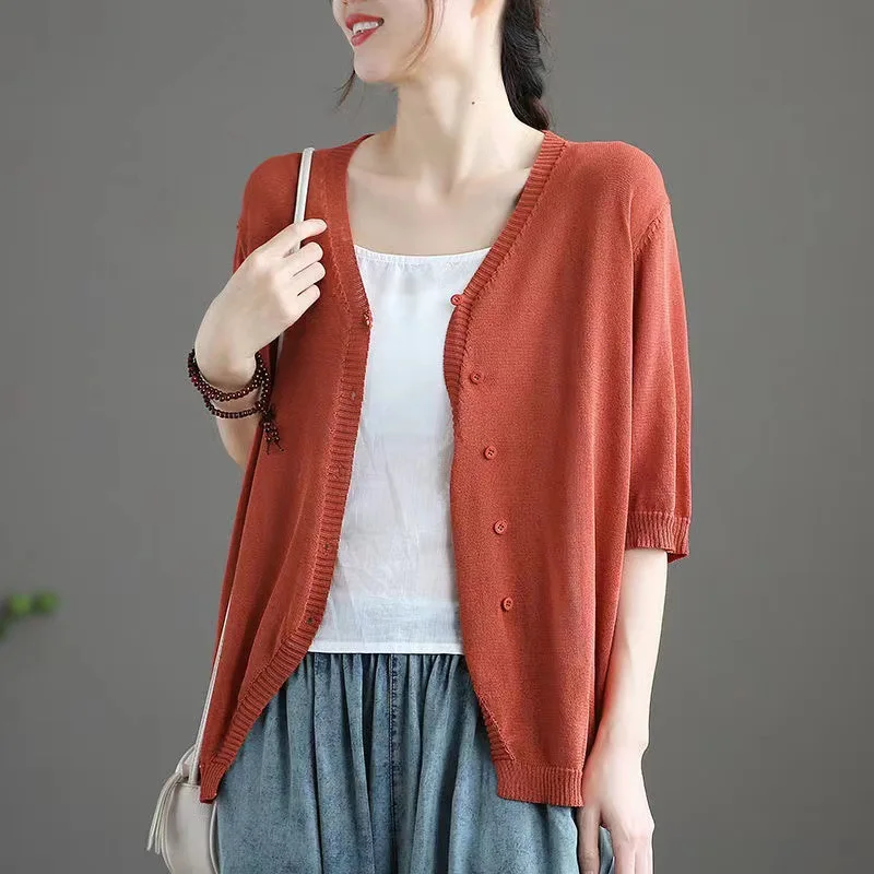 Ice Silk New Cardigan lavorato a maglia a maniche medie abbigliamento per la protezione solare per le donne sciolto e Versatile edizione letteraria