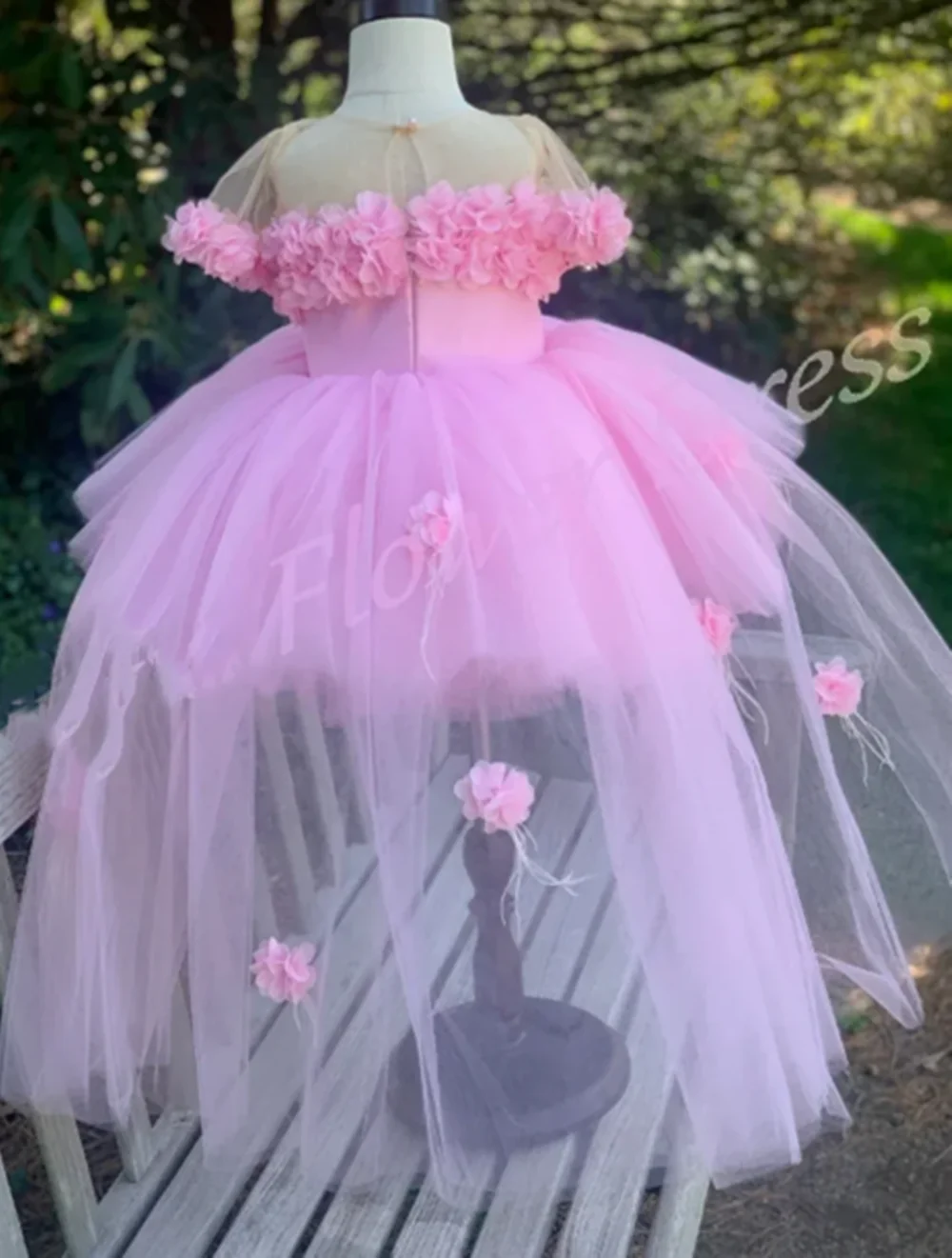 Pink Flower Girl Dress Princess Off Shoulder High Low Tulle Appliques Princess Dresses For Girls Birthday Party Gowns Customized