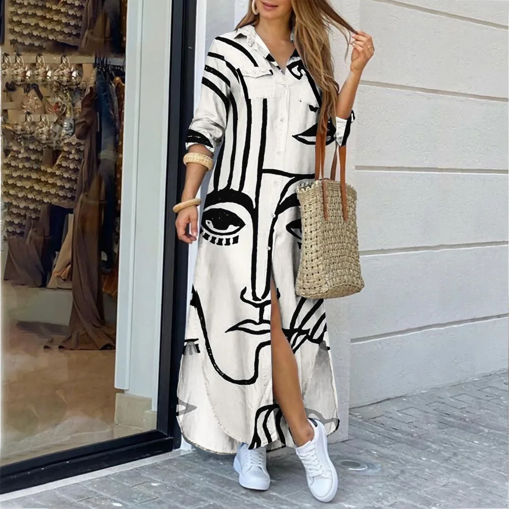 

Colorful Print Shirt Long Dress for Women 2023 Single Breated Vestidos Summer Casual Long Sleeve Loose Beach Female Dresses