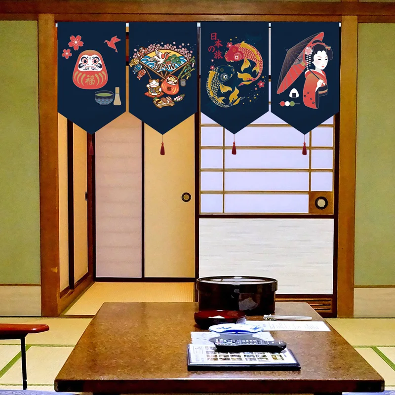 Japanese Noren Short Curtain Daruma Geisha Fabric Triangle Flag for Kitchen Partition Tatami Izakaya Bar Decoration