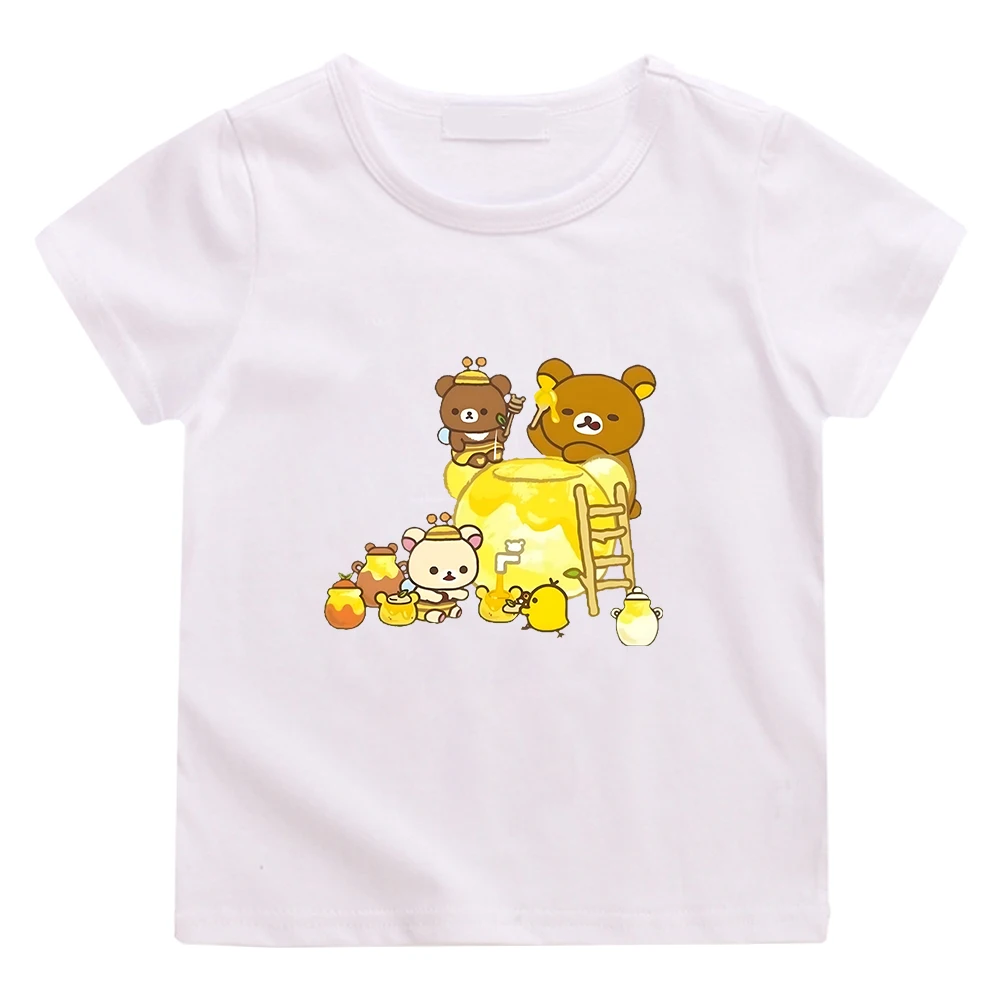 Футболка Rilakkuma с изображением медведя для детей, для мальчиков и девочек, 100% хлопок, Высококачественная футболка, милые смешные футболки с мультяшным графическим принтом