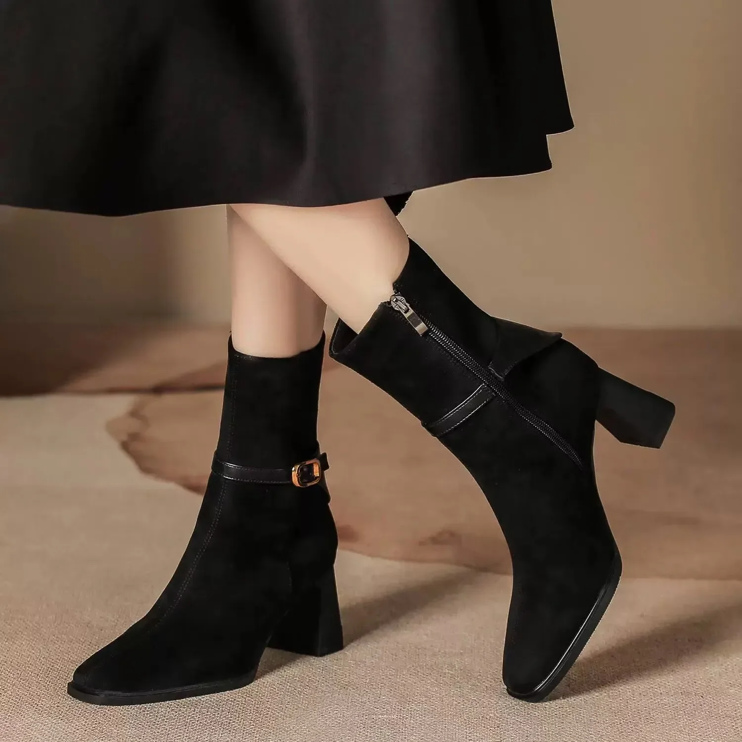 أحذية قصيرة للنساء، تصميم بسحاب جانبي من جلد الغزال، أحذية نسائية بكعب سميك، أحذية عصرية ريترو رفيعة للخريف والشتاء #2