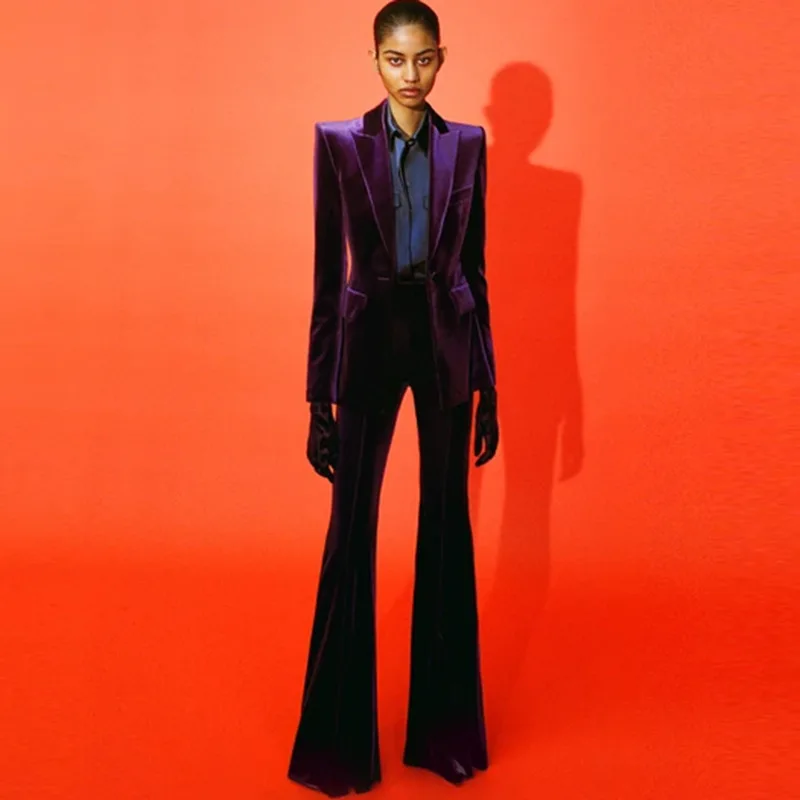 

2024Autumn and Winter New Women's Business Fashion One Button Pleuche Suit Coat+Bell-bottom pants Two-Piece Suit