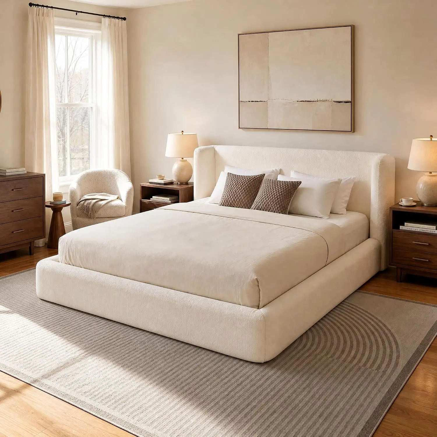 King Size Upholstered Cloud Bed Frame Wingback Headboard Beige, Customized