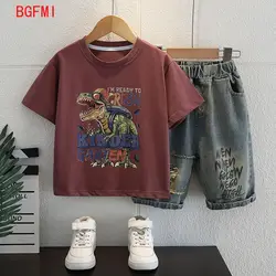 Summer Children's Top and Bottom Clothes Set Kids Clothes Boys Fashion Dinosaur Short Sleeve T-Shirts Denim Shorts 2 Pieces Suit