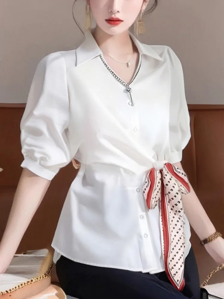 

White Chiffon Shirt Elegant Women Summer Sle Thin Blouse Silk Scarf Waist Cinching Slimming Belly Covering Short Sleeve Top