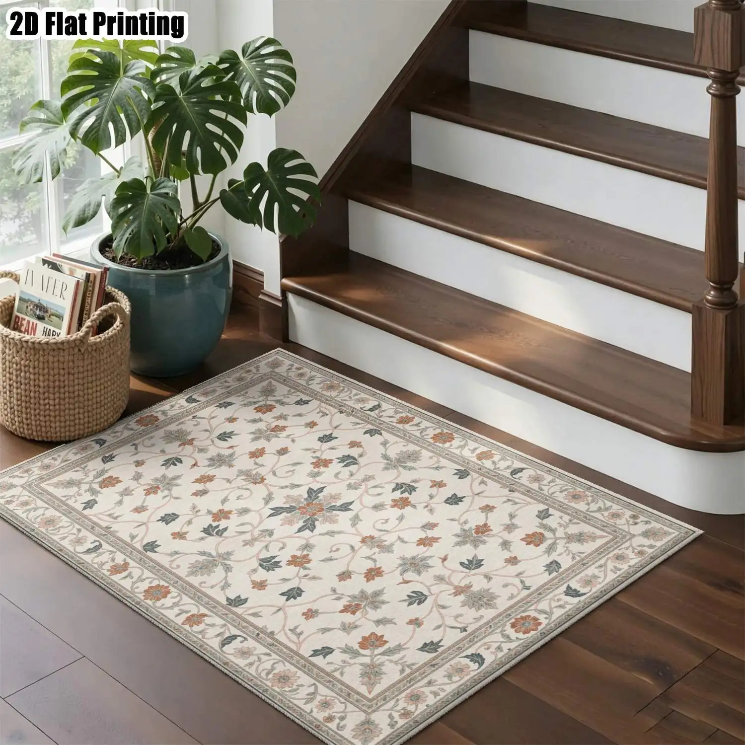 1Pc 2D Printed Carpet: Beige Floral Vine Pattern, European Vintage, Geometric Striped, Bohemian Doormat, Modern Minimalist Home Decor, Multi-Size, Machine Washable, for Entryway, Dining Room, Foyer, Living Room, Bedroom.